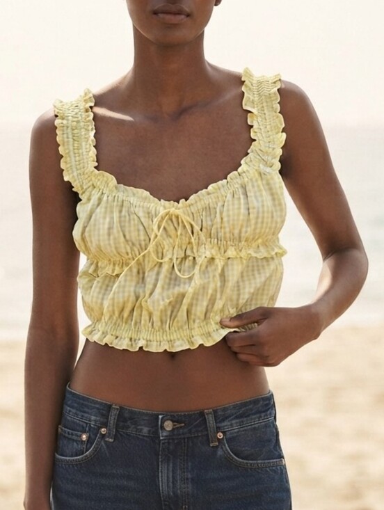 Zara Tops - Zara Gingham Yellow Checked Crop Tank Top Milkmaid Coquette Style Size Medium